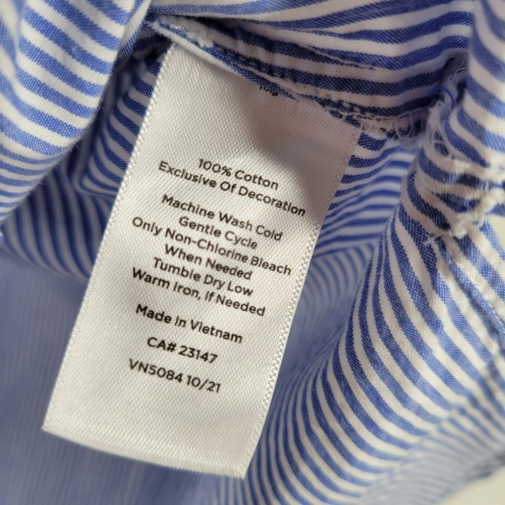 Talbots Plus 1X Blue White Stripe Blouse Top Tie cuffs Boho lace inset - Picture 8 of 8